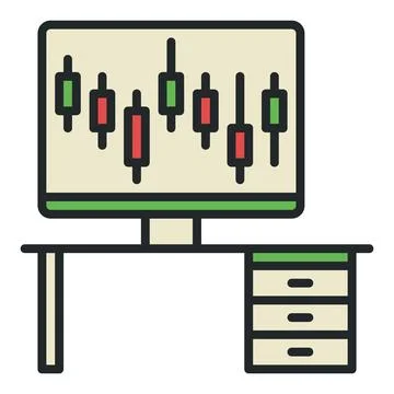 Desktop Computer with Candlestick Chart vector Online Crypto Trading colore.. Stock Illustration