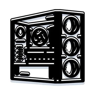 Desktop computer case showing cooling fans and components Illustrazione stock
