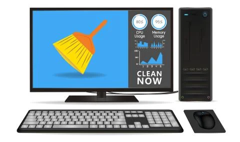Desktop computer with cleaning application Illustrazione stock