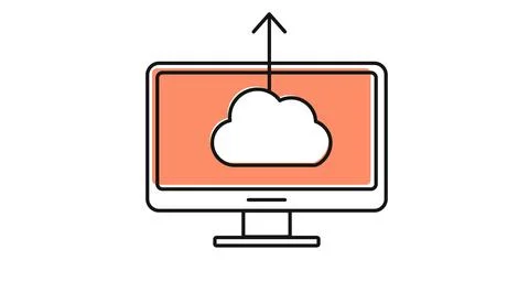 Desktop computer with cloud and upward arrow Stockillustratie