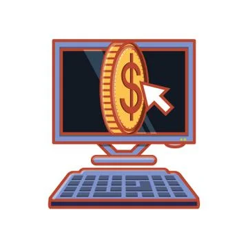 Desktop computer with coin dollar and arrow Illustrazione stock