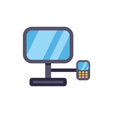 Desktop computer connecting to mobile phone using cable イラスト素材