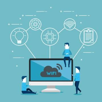 Desktop computer with connectivity 5g tech Stock Illustration