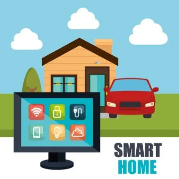 Desktop computer controlling smart home Stock Illustration