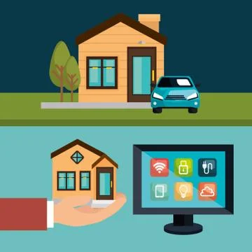 Desktop computer controlling smart home Stock Illustration