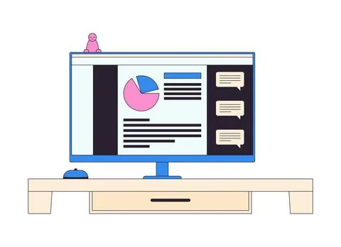 Desktop computer with corporate analytics and comments 2D cartoon clip art Stock Illustration