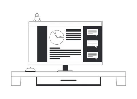 Desktop computer with corporate analytics and comments black and white clipar Stock Illustration