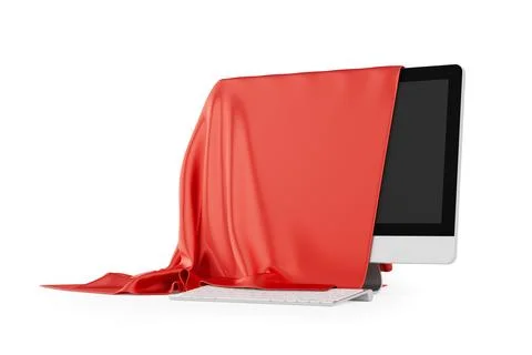 Desktop Computer Covered with Red Silk Cloth, Presentation of New Desktop C.. Illustrazione stock