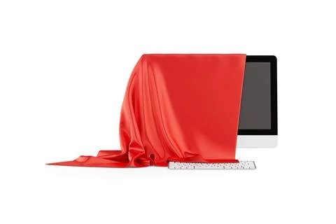 Desktop Computer Covered with Red Silk Cloth, Presentation of New Desktop C.. Stock Illustration