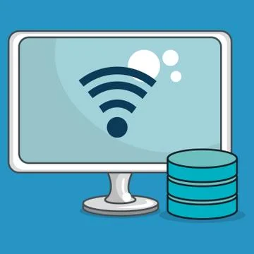 Desktop computer with data center icons Stock Illustration