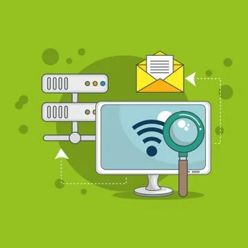 Desktop computer with data center icons Stock Illustration