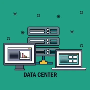 Desktop computer with data center icons Illustrazione stock