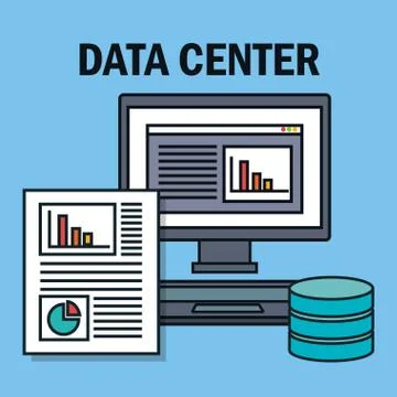 Desktop computer with data center icons Stock Illustration