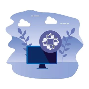 Desktop computer device with hands team Illustrazione stock