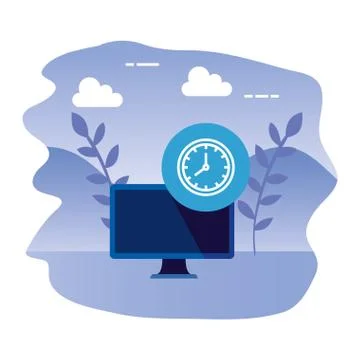 Desktop computer device with time clock Illustrazione stock