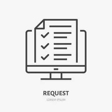 Desktop computer with digital questionnaire flat line icon. Vector thin sign of Stock Illustration