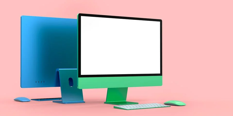 Desktop computer display with keyboard and mouse isolated on blue background 스톡 일러스트