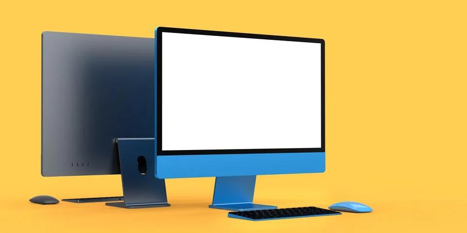 Desktop computer display with keyboard and mouse isolated on yellow backgroun 스톡 일러스트