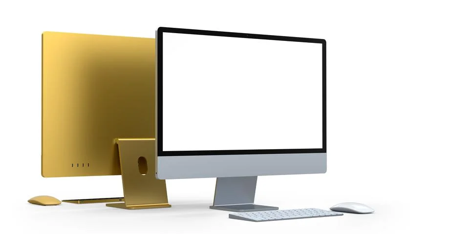 Desktop computer display with keyboard and mouse isolated on white background Ilustración de archivo