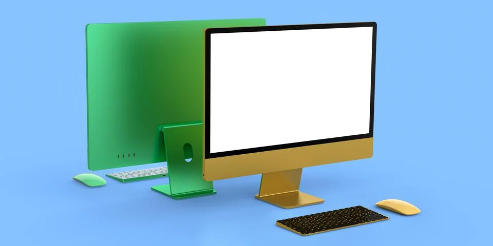Desktop computer display with keyboard and mouse isolated on blue background Ilustración de archivo