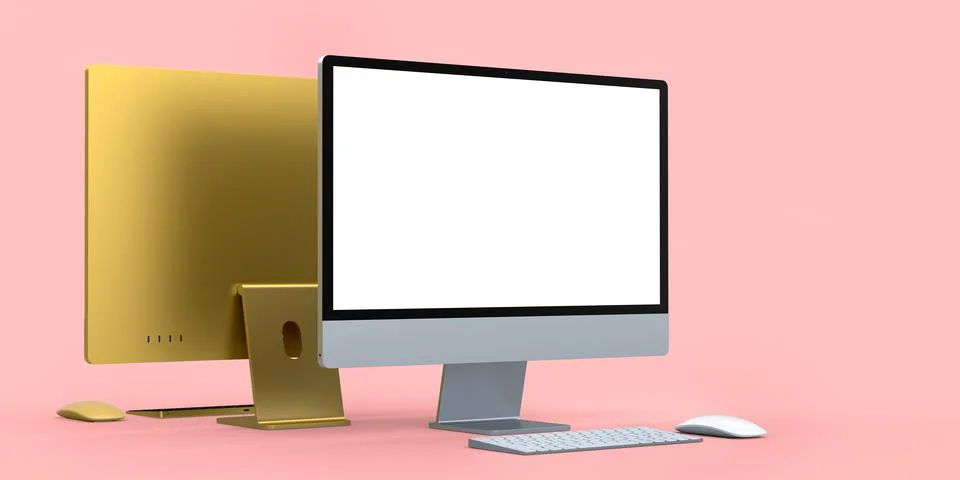 Desktop computer display with keyboard and mouse isolated on blue background Ilustración de archivo