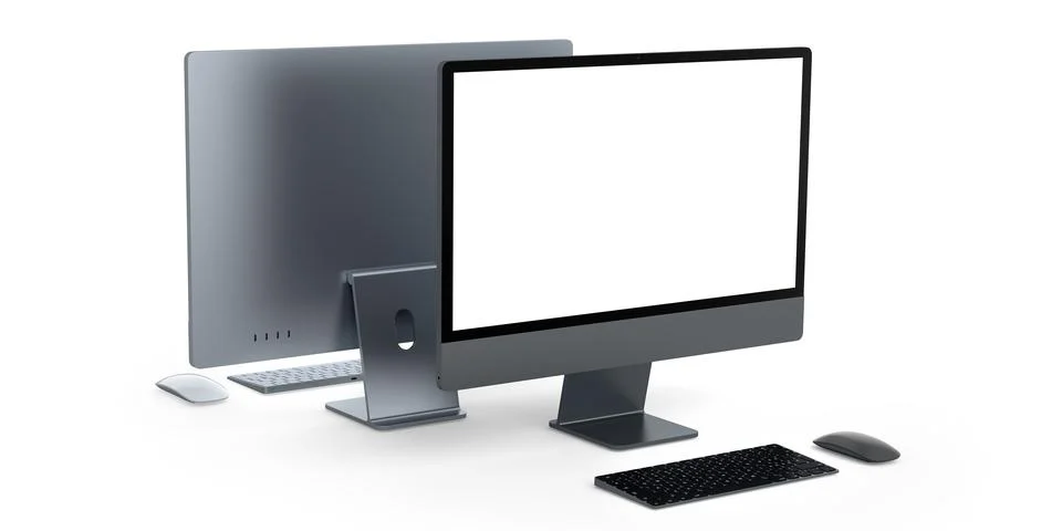 Desktop computer display with keyboard and mouse isolated on white background Stock Illustration