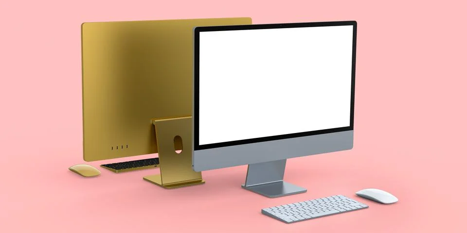 Desktop computer display with keyboard and mouse isolated on blue background Ilustración de archivo