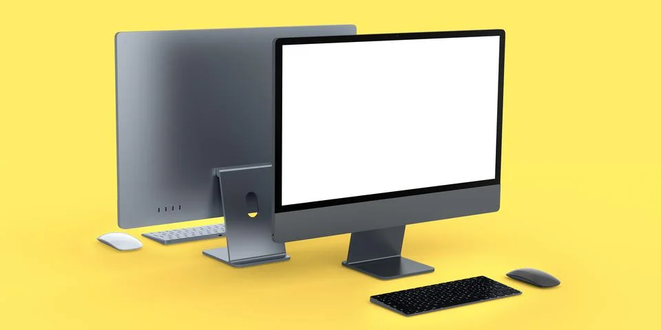 Desktop computer display with keyboard and mouse isolated on yellow backgroun 스톡 일러스트