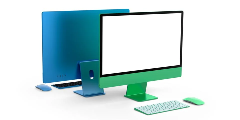 Desktop computer display with keyboard and mouse isolated on white background Stock Illustration