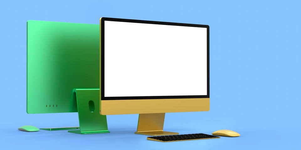Desktop computer display with keyboard and mouse isolated on blue background Ilustración de archivo