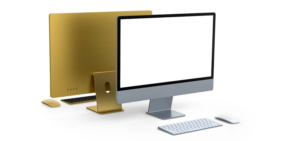 Desktop computer display with keyboard and mouse isolated on white background Stock Illustration
