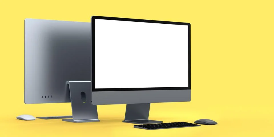 Desktop computer display with keyboard and mouse isolated on yellow backgroun Stock Illustration