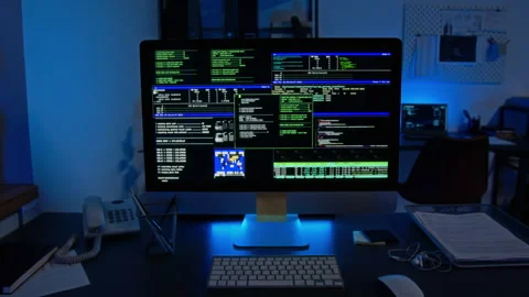 Desktop Computer Displaying Cybersecurity Data in Dark Office Stock Footage 347284292