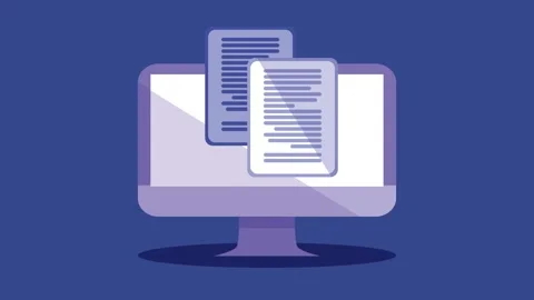 Desktop computer displaying documents on its screen animated motion graphic. Видео 334539021