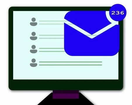 Desktop computer displaying an email interface with a prominent in box icon. Stock Illustration