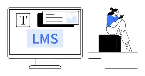 Desktop computer displaying LMS interface and multimedia elements. Seated per Stock Illustration