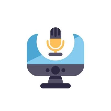 Desktop computer displaying microphone icon for podcast recording イラスト素材