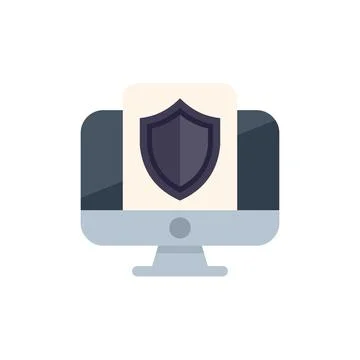 Desktop computer displaying security shield icon for data protection Illustrazione stock