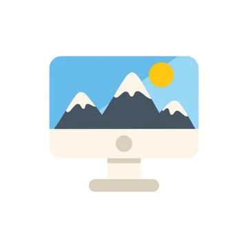 Desktop computer displaying snowy mountain landscape with sun shining Stock Illustration
