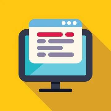 Desktop computer displaying website homepage with long shadow Stock Illustration