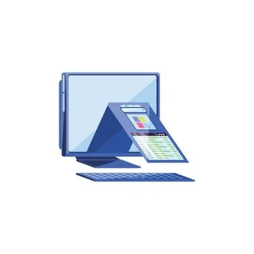 Desktop computer with document and statistics graphics Stock Illustration