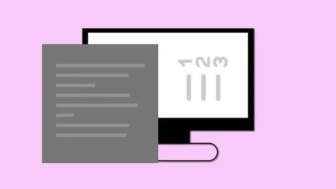 Desktop computer with a document on the screen against a pastel purple back.. イラスト素材