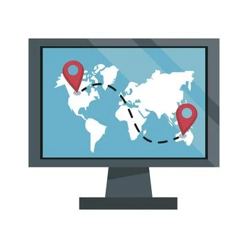 Desktop computer with earth planet and distance pins Illustrazione stock