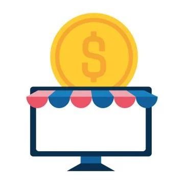 Desktop computer with ecommerce page and coin 库存插图