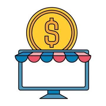 Desktop computer with ecommerce page and coin Stockillustratie