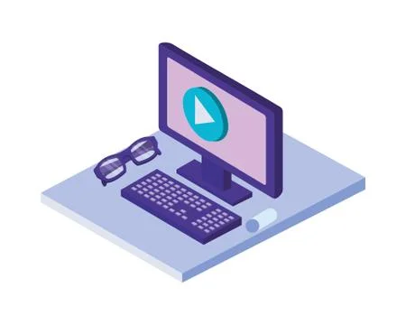 Desktop computer with eyeglasses isometric icon Stock Illustration