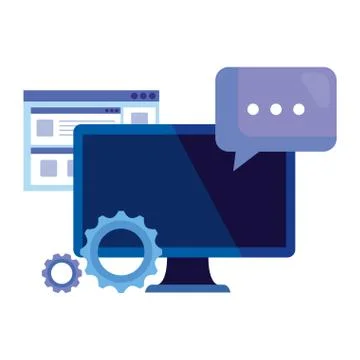 Desktop computer with gears and speech bubble Illustrazione stock
