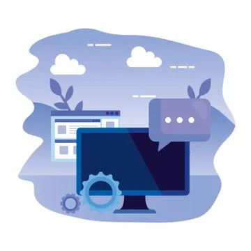 Desktop computer with gears and speech bubble 스톡 일러스트