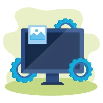 Desktop computer with gears settings 스톡 일러스트