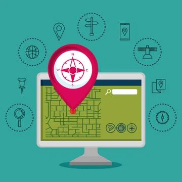 Desktop computer with gps navigation software Stockillustratie